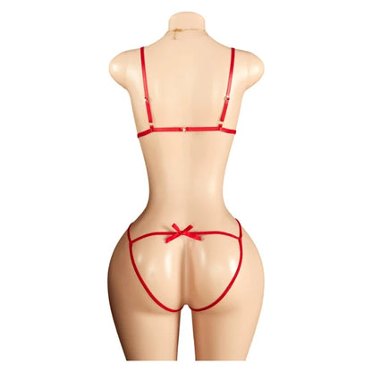 Sexy Red Crotchless Lingerie Open Back Bras BodySuits Transparent Erotic Costumes Deep V  Sexy Lace Fishnet Hollow Underwear Set