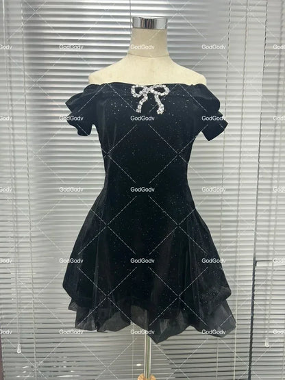 Black French Vintage Elegant Design Woman Dress Gothic Off Shoulder Retro Mini Dress Female Fairy Birthday Party Chic Outfits