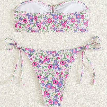 XS - L Flowers Printed Floral Bandeau Bikini Female Swimsuit Women Swimwear Two-Pieces Bikini Set Bather Bathing Suit Swim V5453
