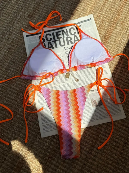 Sexy Lace Orange Gradient Bikini Set 2026 Women Summer Push Up Tie Side Triangle Swimsuit Beach Bathing Suit Holiday Swimwear