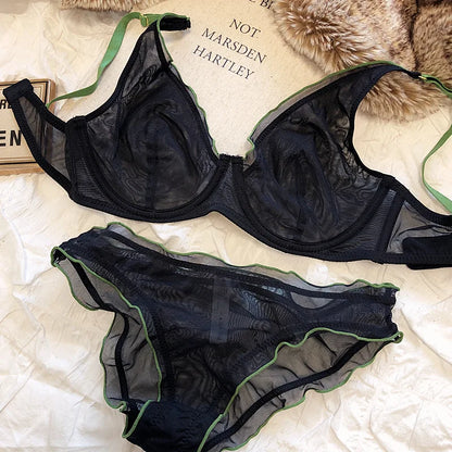French Ultra Thin Bralette for Women Underwear Top Sexy Deep V Push Up Bra Set Summer Comfort Breathable Lingerie and Panties