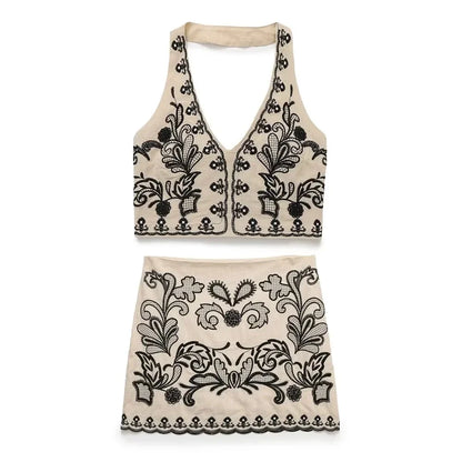 Foridol Floral Embroidery Summer Women Set Crop Top+mini Skirt Matching Set Casual Chic Halter Dress Set 2 Pcs Outfits Beach