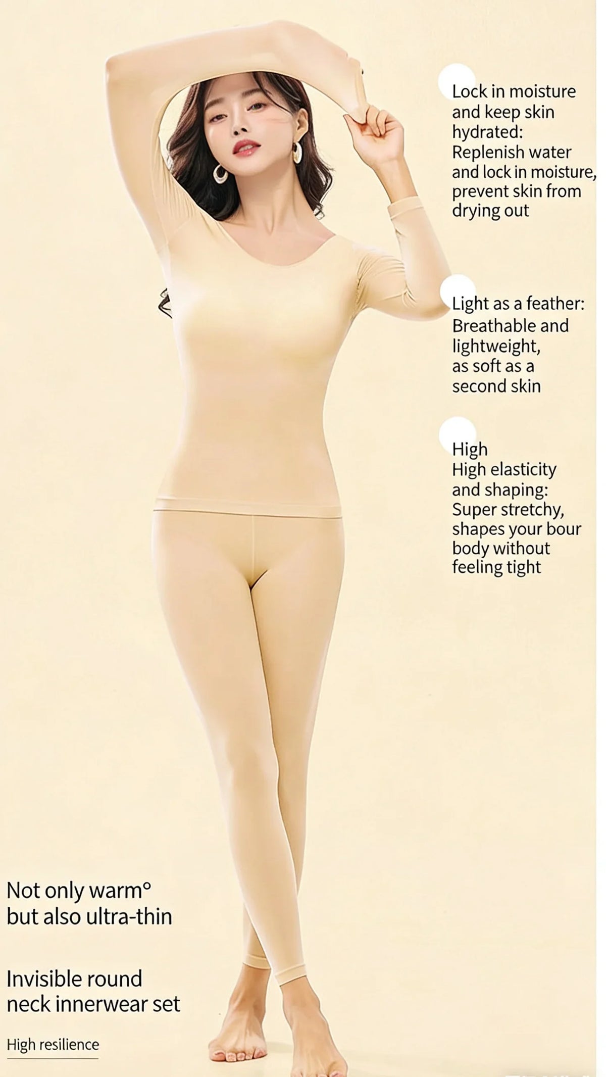 Spring &amp; Autumn Skin-Friendly Top Set Ultra-Thin Seamless Nude Feel High Stretch Long Sleeve Thermal Underwear Women&