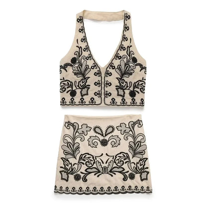 Foridol Floral Embroidery Summer Women Set Crop Top+mini Skirt Matching Set Casual Chic Halter Dress Set 2 Pcs Outfits Beach