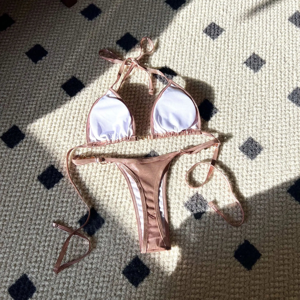 DEKA Sexy Brazilian Shiny Pearl Micro Bikini Faux Leather Swimwear Women Thong Swimsuit Halter Triangle Bikini Set Bathing Suit