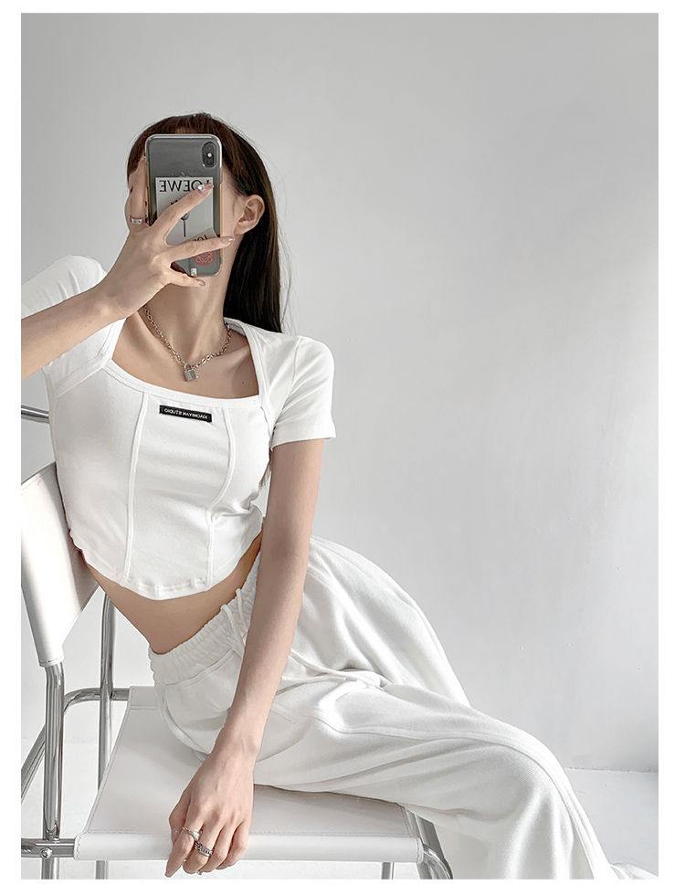 Curved Crop Tops Women Summer Square Collar Short Sleeve T-Shirt Fashion Slim Woman