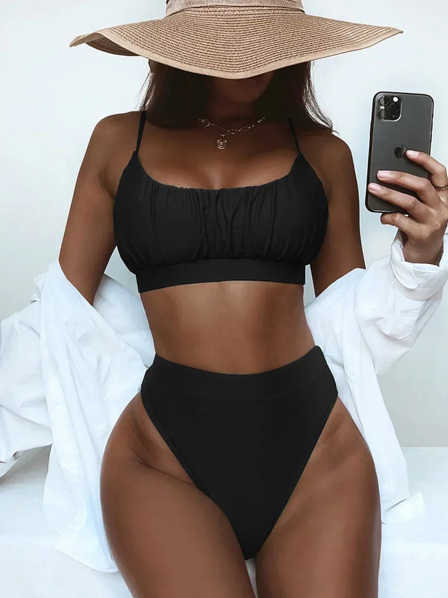 2026 Wrinkled Ruched High Waist Bikini Women Swimsuit Female Swimwear Two Pieces Bikini Set High Cut Bathing Suit Swim Beachwear