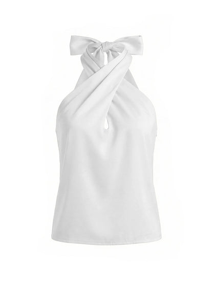 Women Fashion Sleeveless Halter Neck Tank Tops Summer Solid Color Backless Satin Casual Vests Streetwear