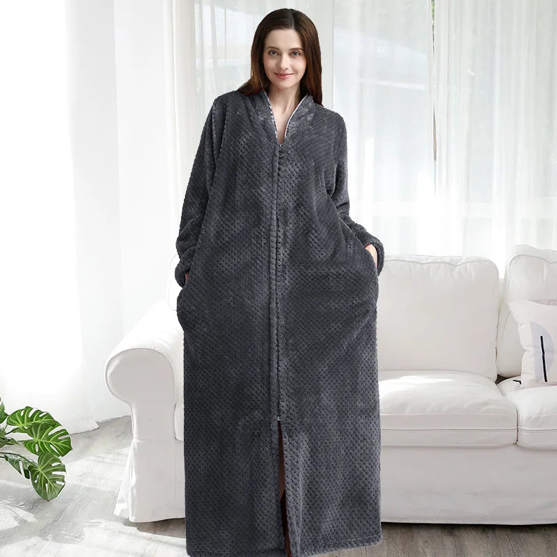 New Women Winter Extra Long Warm Jacquard Flannel Bathrobe Pregnant Zipper Plus Size Dressing Gown Lounge Coral Fleece Bath Robe