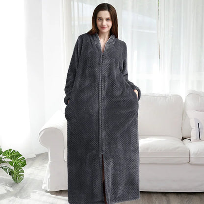 New Women Winter Extra Long Warm Jacquard Flannel Bathrobe Pregnant Zipper Plus Size Dressing Gown Lounge Coral Fleece Bath Robe