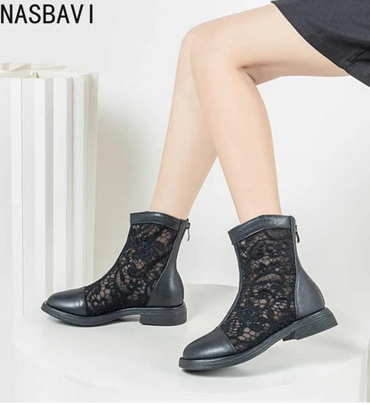 Women White Gladiator Ankle Boots Round Toe Square Heel  Breathable Mesh Large Size 34-45 Sweet Princess Cool Sandals Boots New