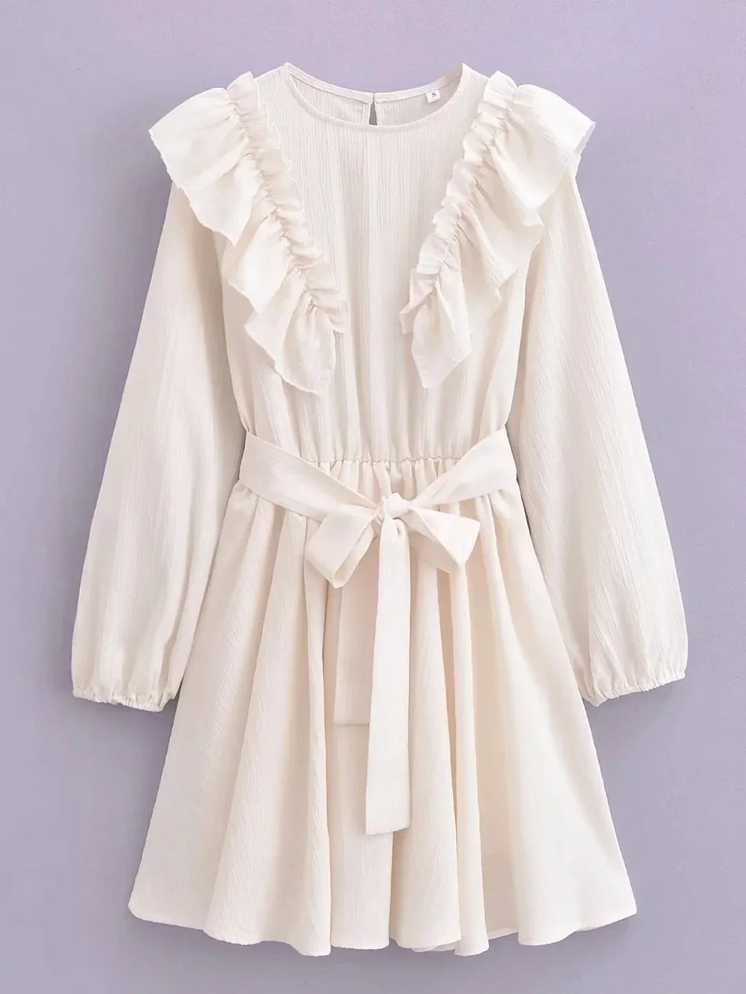 Foridol Ruffles Tierred Beige Lantern Sleeve Women&