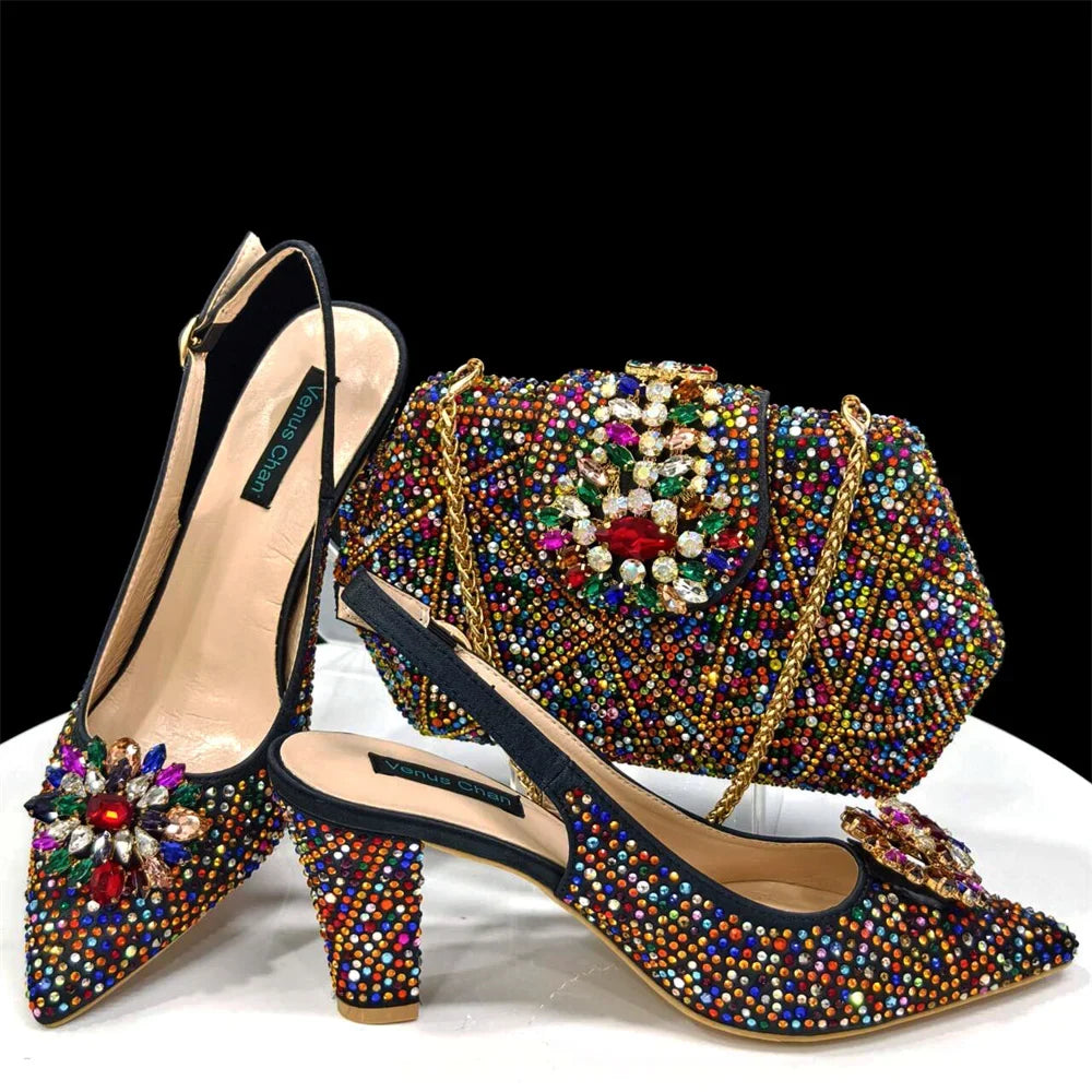 Doershow beautiful Italian Shoes And Bag Sets For Evening Party With Stones Italian Leather Handbags Match Bags! 1-30