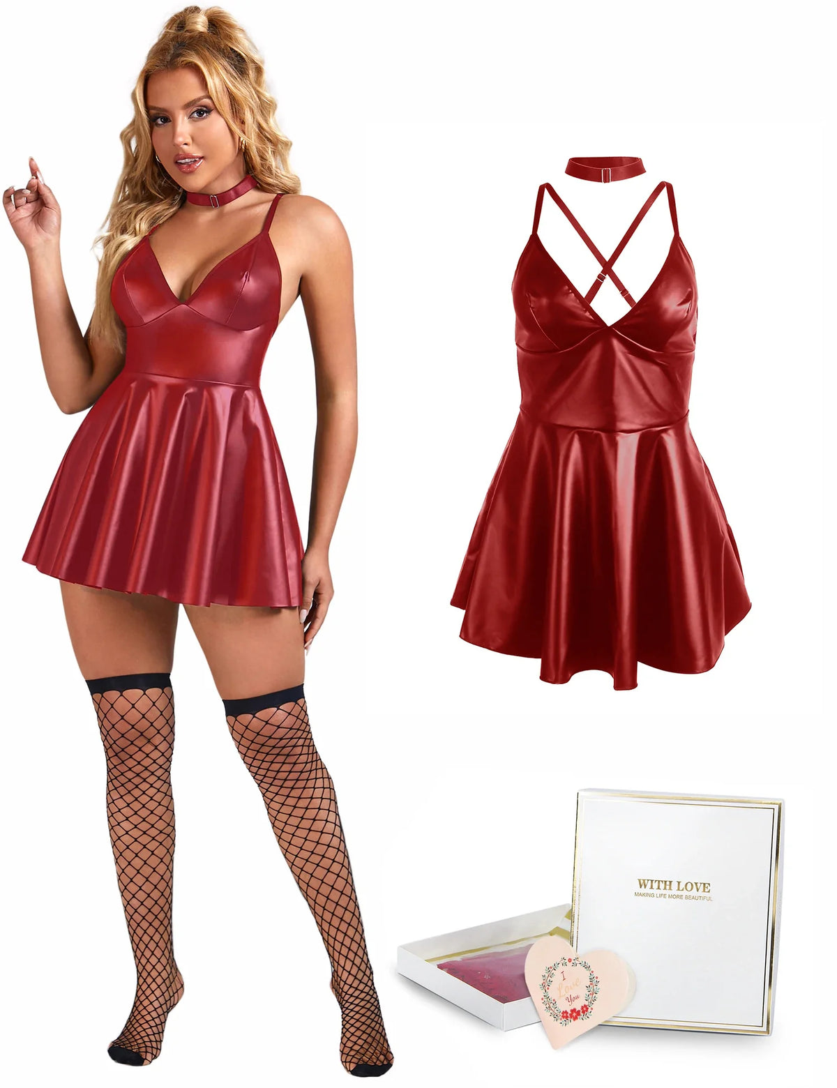 Gift Box + Black PU leather Suspender Sexy Nightdress