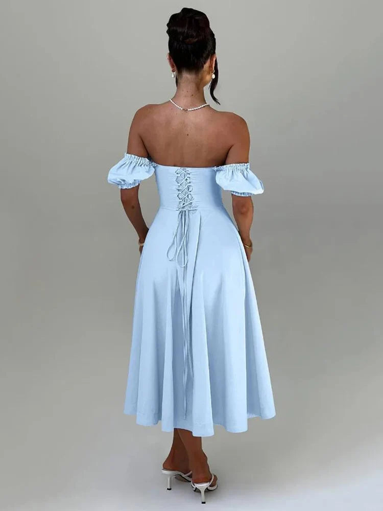 Bowknot Ruffles Light Blue Midi Dress Women&