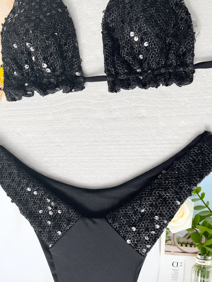 sexy black sequine gillter mini bikinis sets two pieces swimsuit thong bathing suit Swimwear Biquini conjunto de bikini tankini