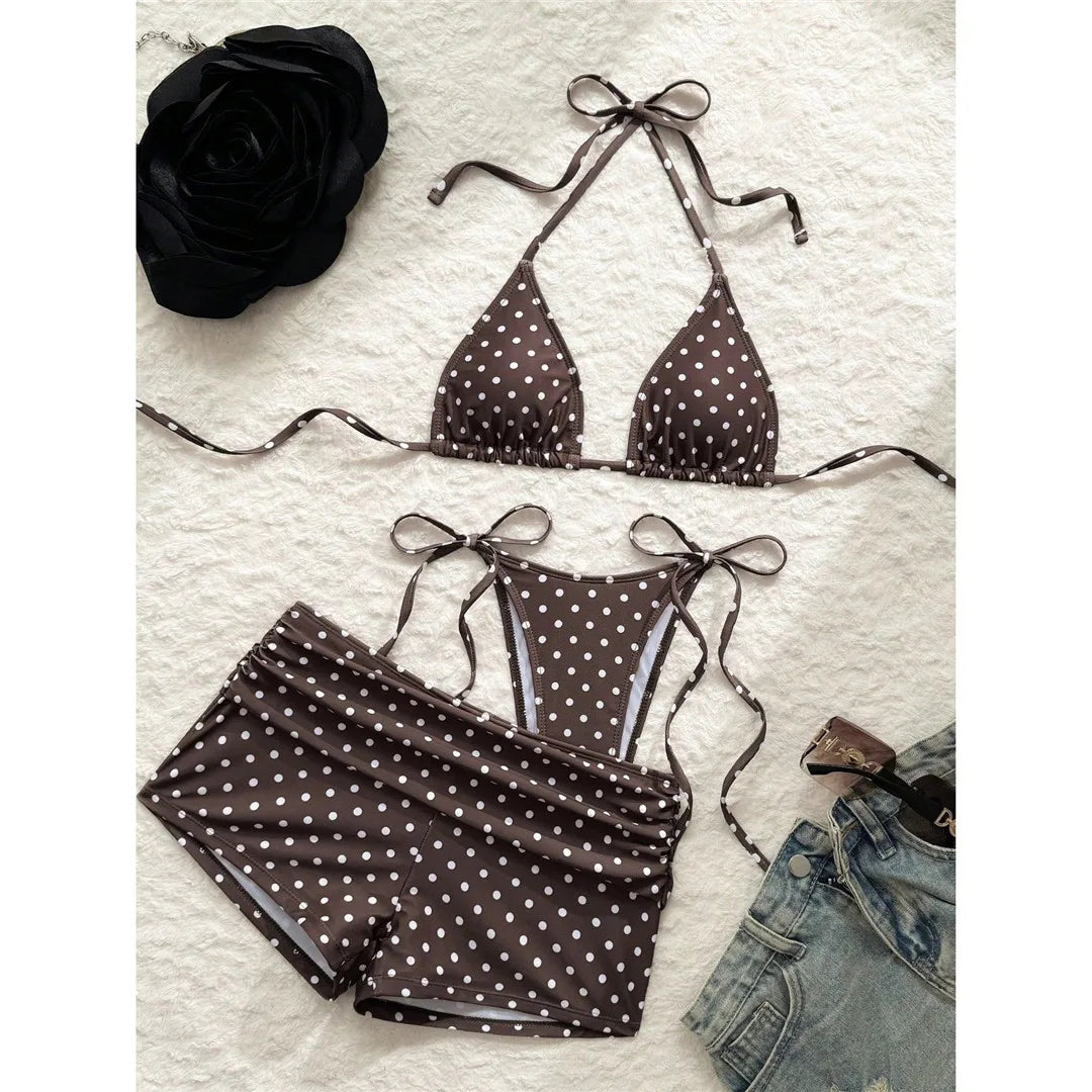 S - XL With Shorts Polka Dot Halter Bikini Female Swimsuit Women Swimwear Three-pieces Bikini Set Bather Bathing Suit Swim V8292