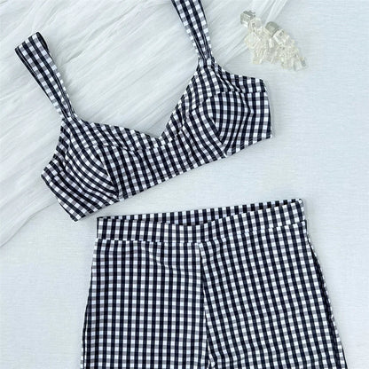 Plaid V Neck Shorts Female Swimsuit High Waist Bikini Women Swimwear Two-Pieces Bikini Set Padded Bather Bathing Suit Swim V8272