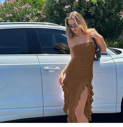 Cryptographic Irregular Ruffle Off Shoulder Sexy Backless Midi Dress for Women Elegant Birthday Vestido Summer Sundresses Ruched