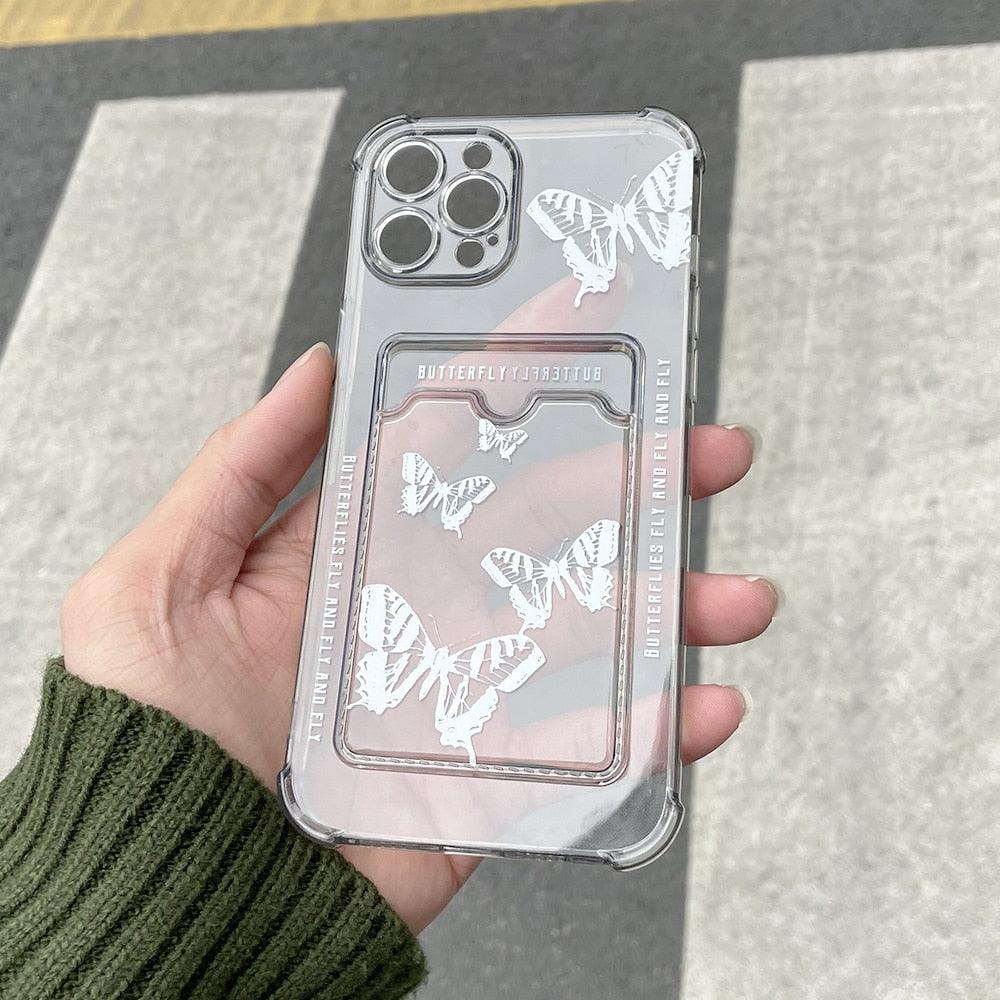 Transparent Butterfly Pattern Case For iPhone 14 Plus 13 12 11 Pro Max X XR XS Max Soft Card Slot Pocket Holder Wallet Cover Cute Butterfly Glitter Clear Phone Case Protective Cover With Card Holder