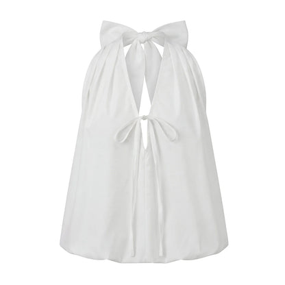 Women Fashionable Solid Color Summer Halter Tops Deep V Neck Sleeveless Backless Bubble Hem Vest