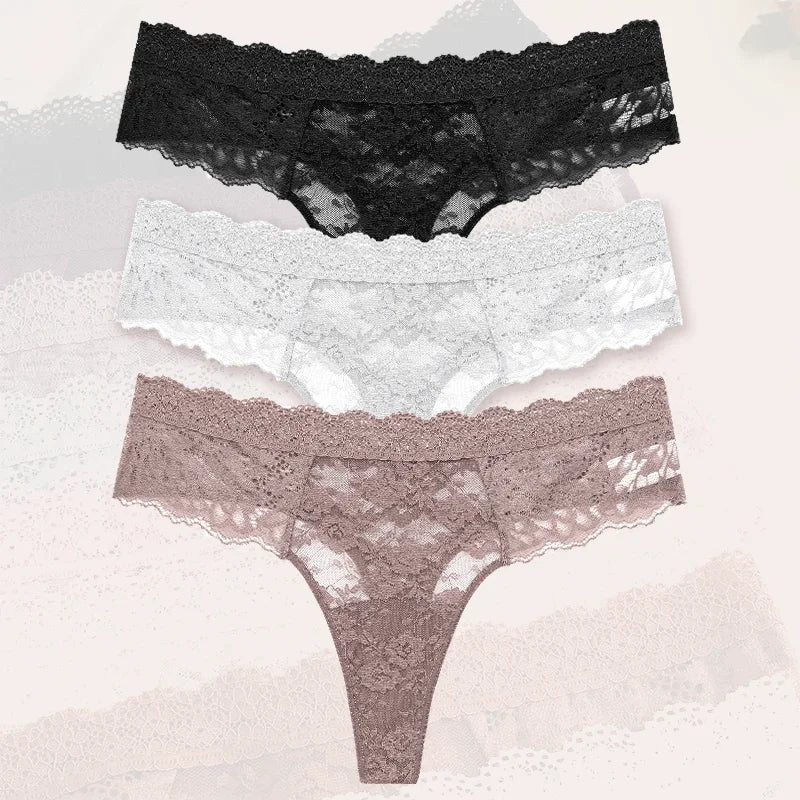 3-Piece Lace Thong Panties for Women – Seamless, Low-Rise Lingerie