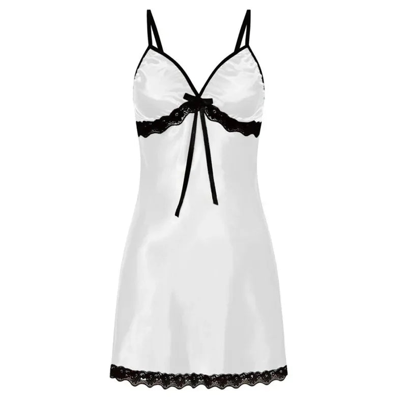 Lace Silk Satin Nightdress Women Sleepwear Lingerie Sleeveless Straps Mini Dress with Panties Nighties Nightgown