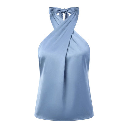 Women Fashion Sleeveless Halter Neck Tank Tops Summer Solid Color Backless Satin Casual Vests Streetwear