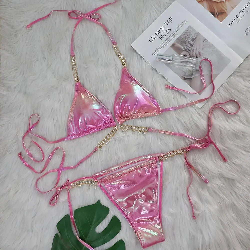 DEKA Shiny Diamond Chain Bikinis Set Mujer Two Pieces Crystal diamond Swimsuit Women Thong Swimwear Sexy Halter Swimsuit