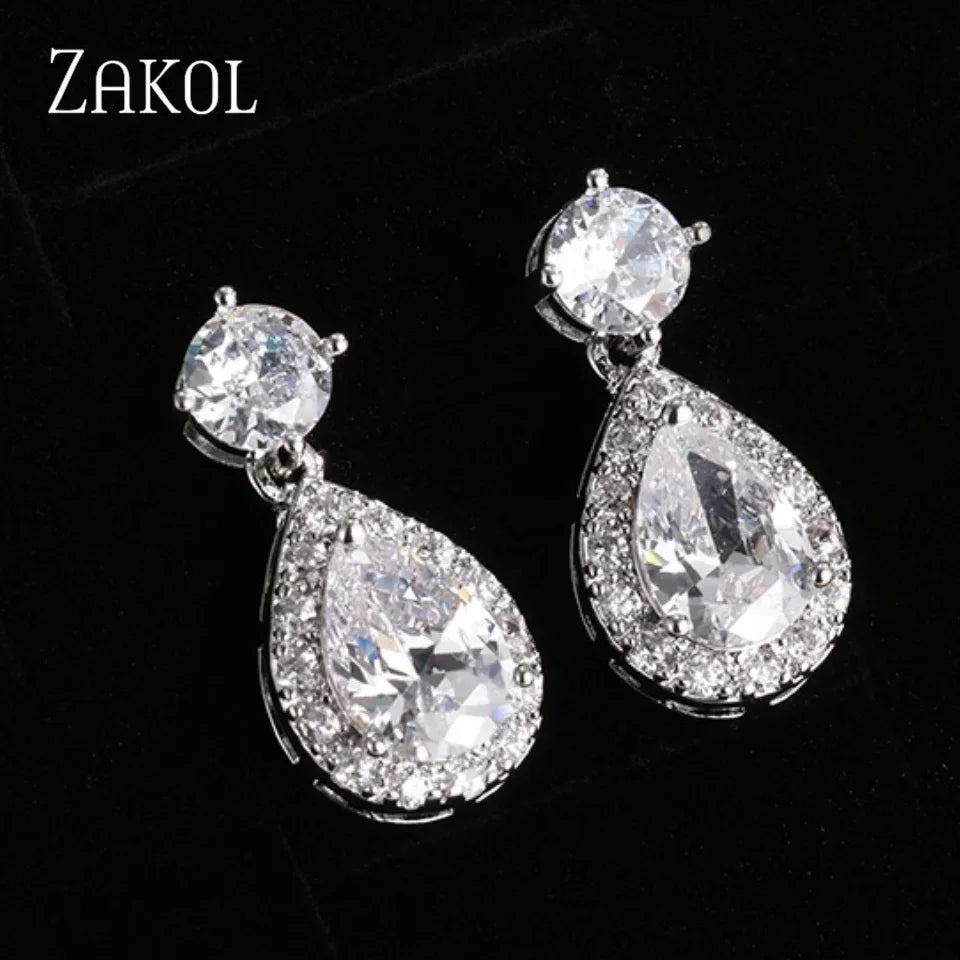 ZAKOL Classic Water Drop Cubic Zircon Bridal Dangle Earrings for Women Girl Trendy CZ Crystal Wedding Engagement Jewelry