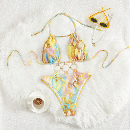 S - XL Printed Halter Metal Rings One Piece Swimsuit Women Swimwear Female Monokini High Leg Cut Bather Bathing Suit Swim V7721