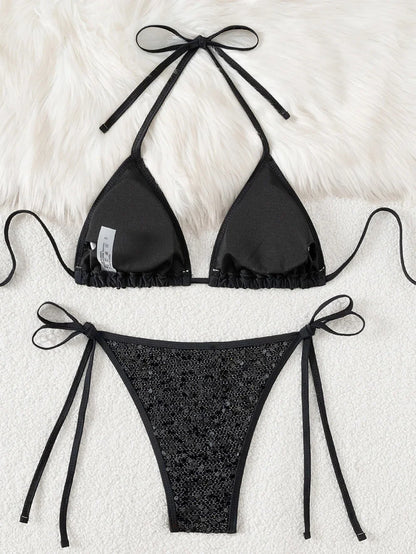 Pink Mesh Sequin Halter String Triangle Bikini Damen Micro Thong Sexy Swimsuit Women 2026 Bathing Suits Swimwear Bikinis Sets
