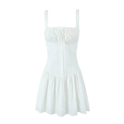 Foridol Bowknot Smocked White Short Dress Women Summer Cotton Mini Sleeveless Tank Sundress Beach Chic Buttons Dress for Petite