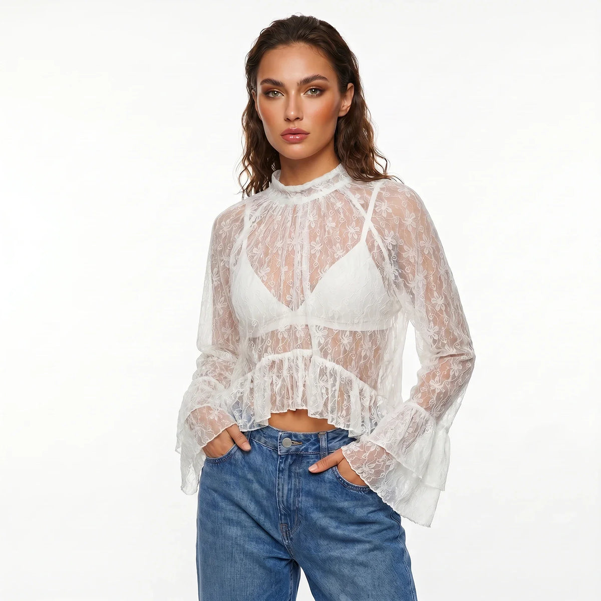 Womens Summer Sheer Shirts Flare Long Sleeve Mock Neck Lace Floral Tops Fashion Ruffled Peplum Hem Cropped T-shirts