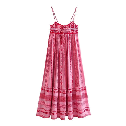 Foridol Crochet Bohemian Summer Dress for Women Spaghetti Strap Red Vintage Tassel Beach Dress Maxi Long Casual Sundress Autumn