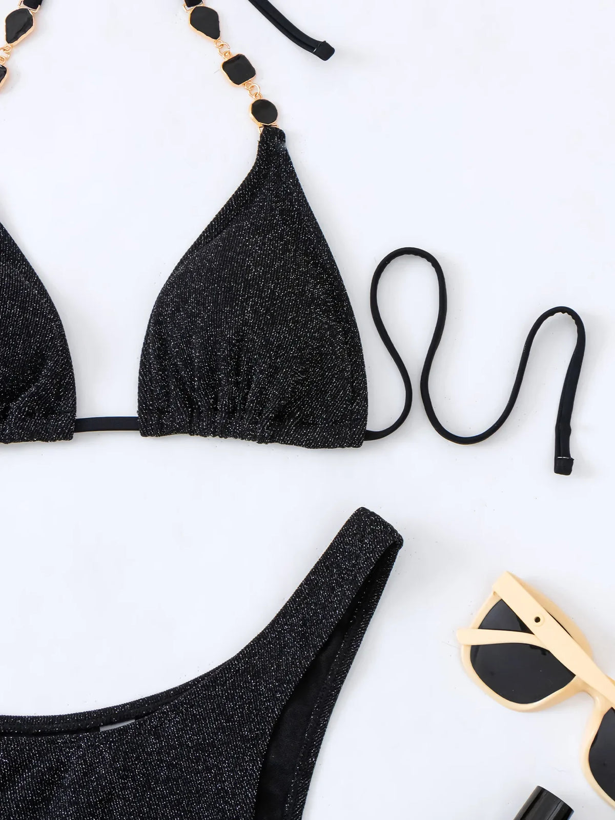 DEKA Women New Sexy Diamond Black Chain Bikinis Set Rhinestones 3 PCS Swiwmear Crystal Swimsuit Fashion Strap Bathing Suit