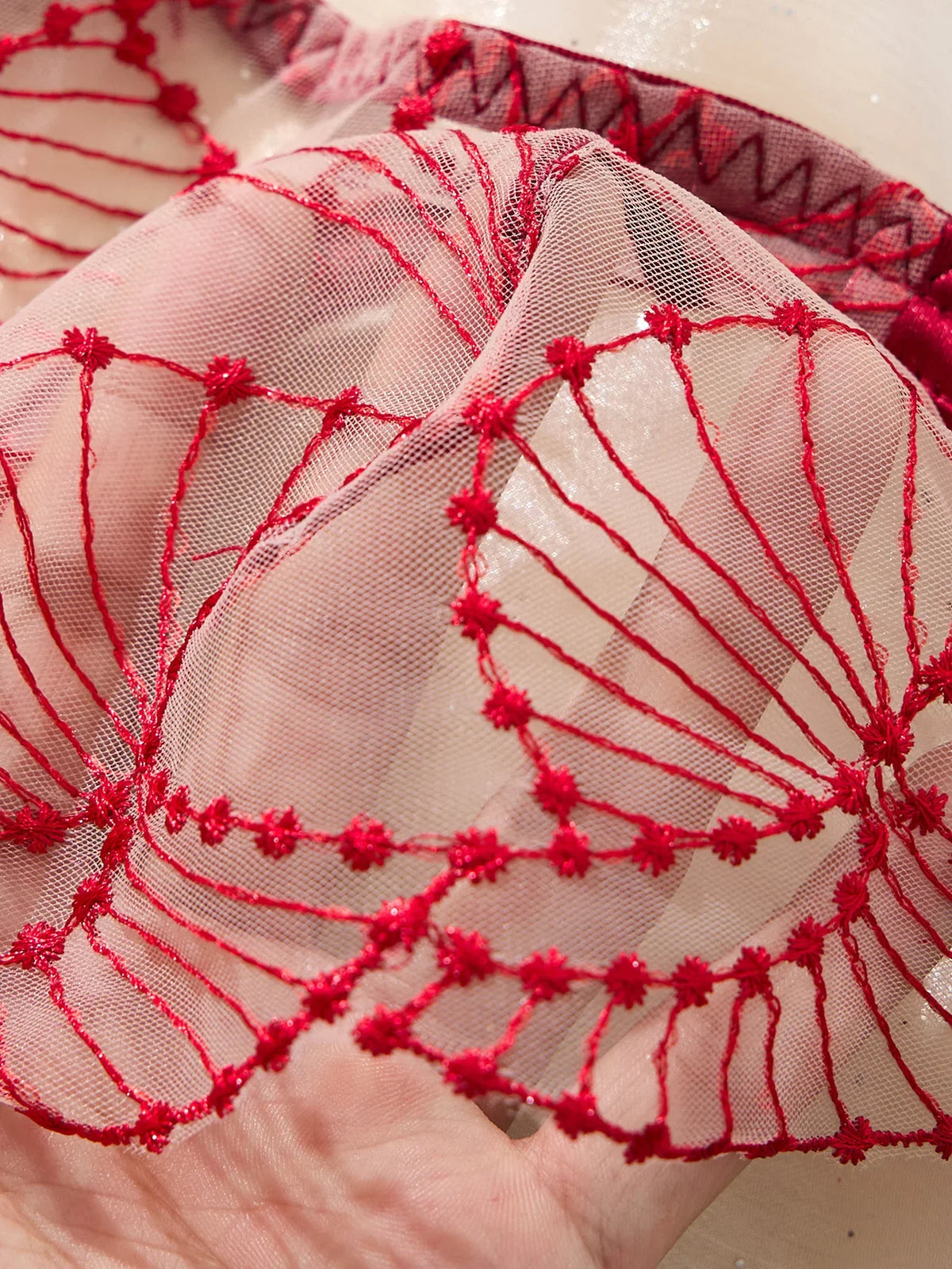 WineRed color embroidered lace lingerie set-Sexy see-through chiffon half-cup shaping bra thong two-piece set ZA825287
