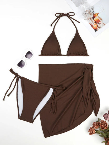 3 Pieces Triangle Halter String Bikini 2026 Solid Swimwear Female Sexy Swimsuit Women Bathers Bathing Swimming Swim Suit