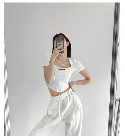 Curved Crop Tops Women Summer Square Collar Short Sleeve T-Shirt Fashion Slim Woman