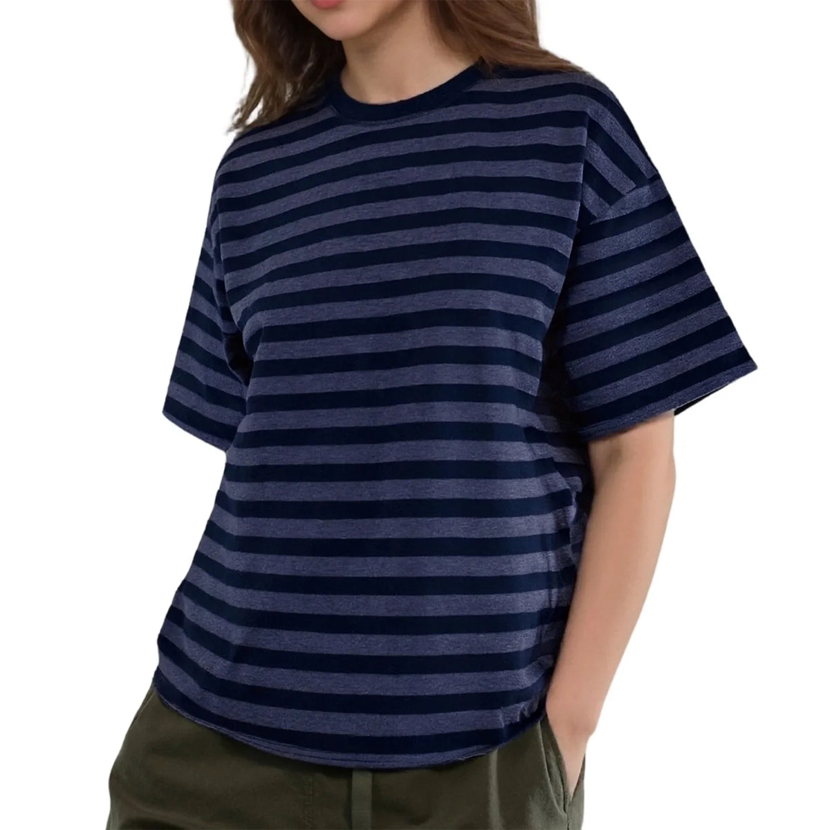 Striped Print Summer T-shirt for Women Loose Casual Contrast Short Sleeve Round Neck Basic Tops