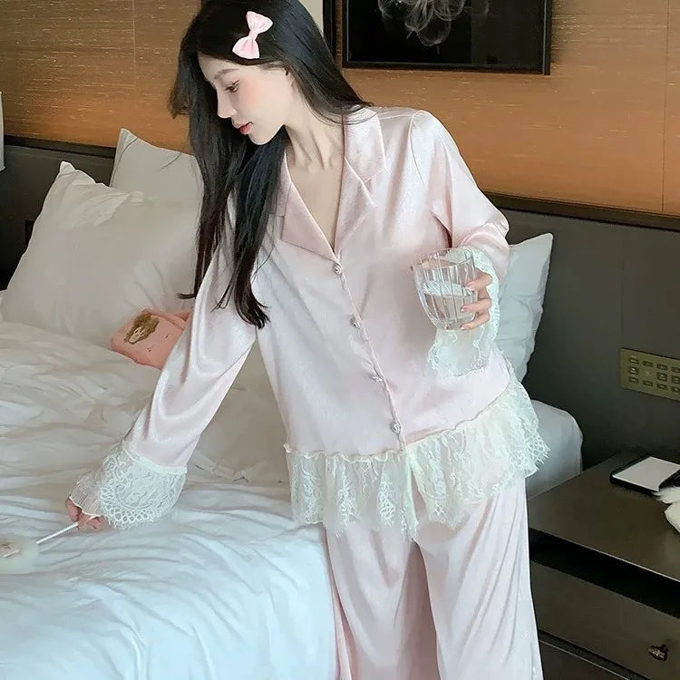 Spring and Autumn Satin New Style Temperament Ice Lace Lace Lace Silk Light Luxury Sleepwear Women&
