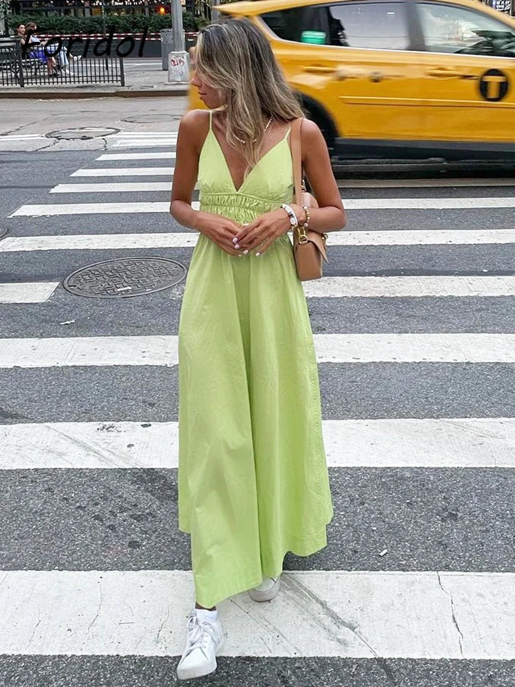 Foridol Elastic Smocking Green Cotton V Neck Summer Women&
