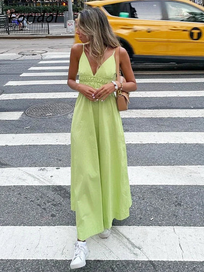 Foridol Elastic Smocking Green Cotton V Neck Summer Women&
