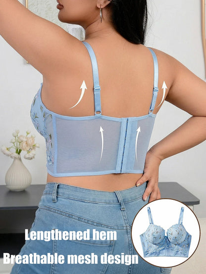 Plus Size Floral Embroidered Lace Bustier Bra – Push Up, Tummy Control &amp; Non-Slip Corset Top