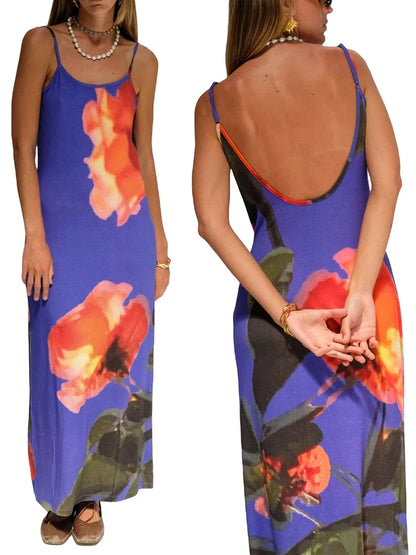 Summer Tie-Dye Floral Print Backless Party Dress Women Sleeveless Spaghetti Strap Sexy Bodycon Dress for Vacation Cocktail Beach