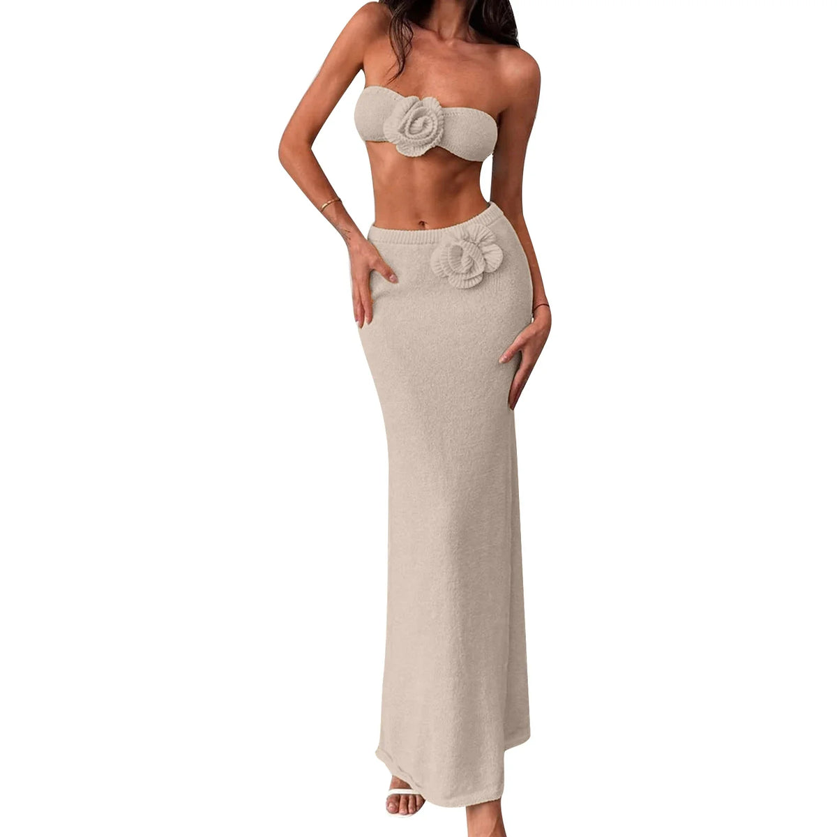 Women’s Two Piece Summer Outfits Solid Color Strapless 3D Flower Tube Tops and Long Skirt Set Knitted Holiday Beachwear