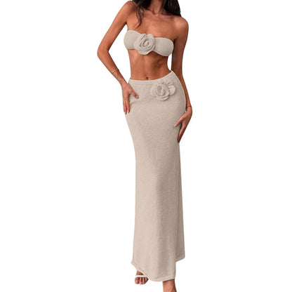 Women’s Two Piece Summer Outfits Solid Color Strapless 3D Flower Tube Tops and Long Skirt Set Knitted Holiday Beachwear