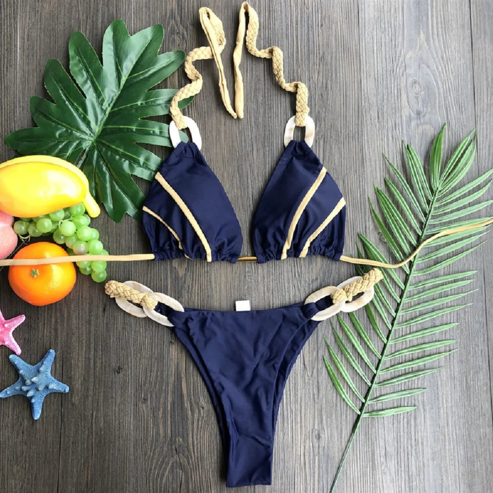 Solid Color Strap Women Bikini Sexual Beach Holiday Swimwear