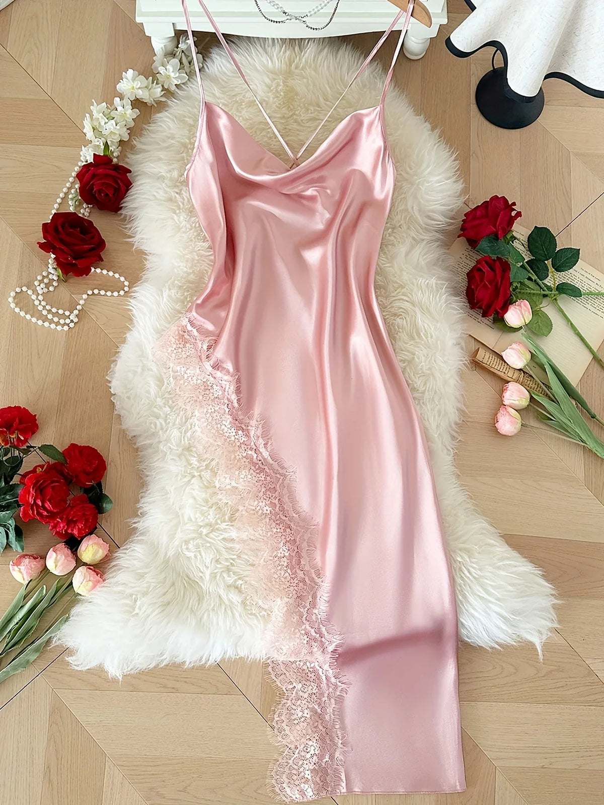 Sexy Lace Patchwork Pajamas Comfortable And Casual Long And Comfortable Women&