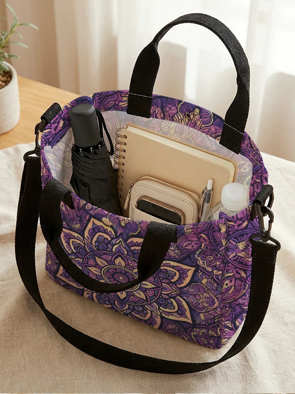 Purple Mandala Canvas Tote Bag With Detachable Crossbody Strap